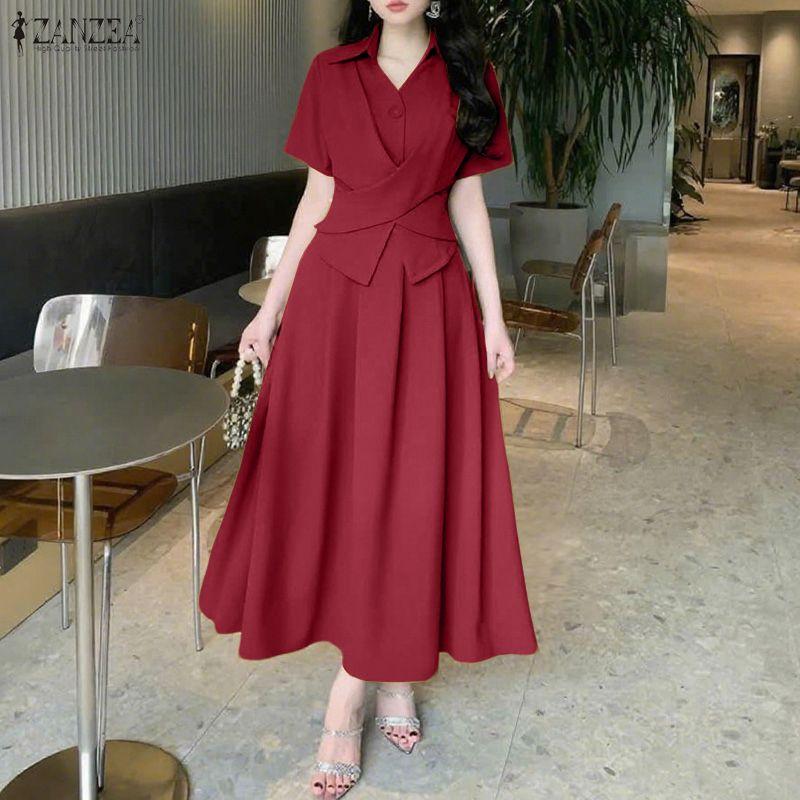ZANZEA Women Casual Turn Down Collar Solid Color Summer Short Sleeve Dress