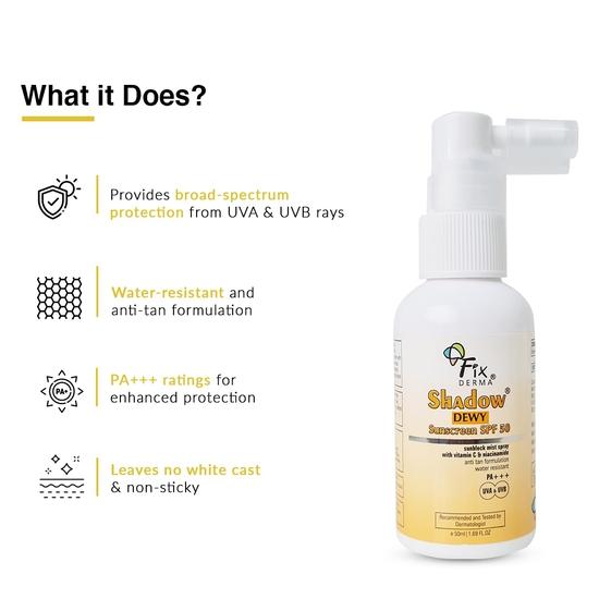 FIXDERMA Shadow Dewy Sunscreen Spf 50 Spray Pa+++, Prevents Tanning, Vitamin C Sunscreen And Niacinamide Sunscreen & Uvb Protection - 50Ml - All