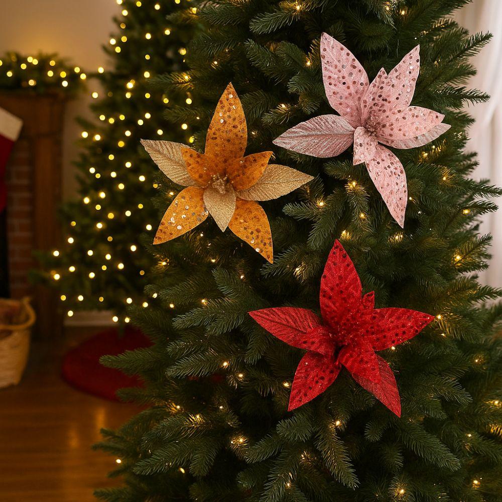 Sequin Mesh Christmas Artificial Flowers 25cm Poinsettia Flower  Festive Decoration