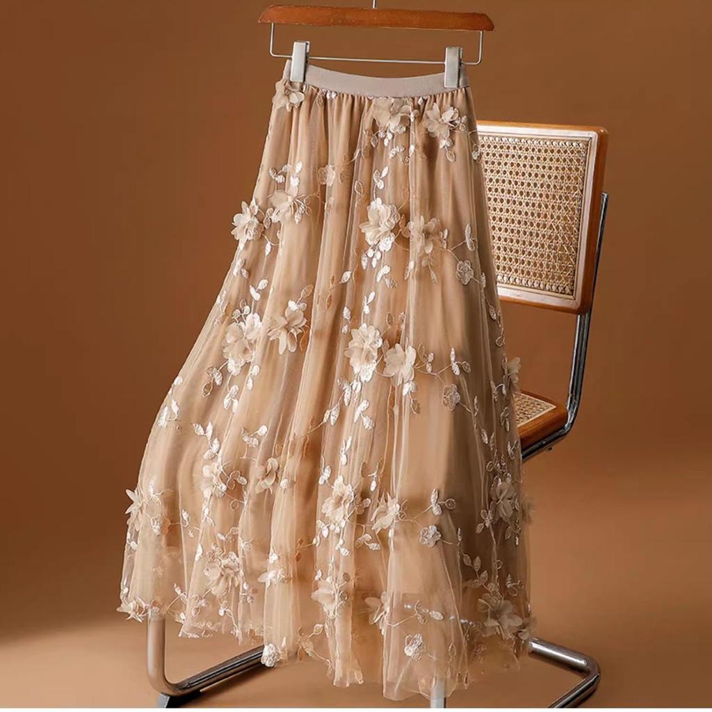 Women's Plus Size Ethnic Embroidered Floral Mesh A-Line Skirt