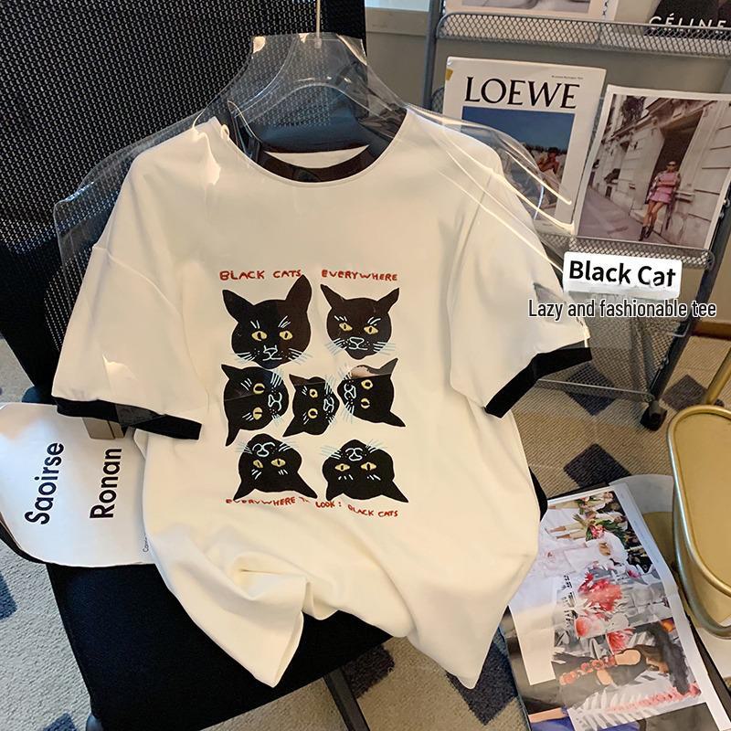 

Женская футболка свободного кроя с принтом мультяшного кота, лето 2024 г. - чистый хлопок, контрастный воротник, повседневный топ с короткими рукавами XXL белый