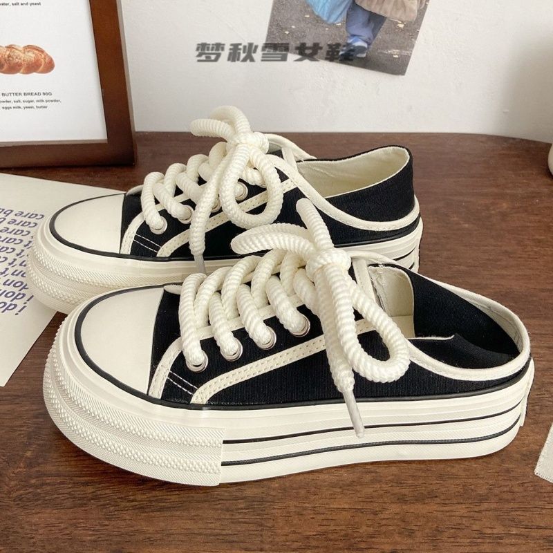 

thick-soled two-wearing canvas shoes for women s summer thin niche world is still versatile, retro lazy people pedal trendy little white shoes 35