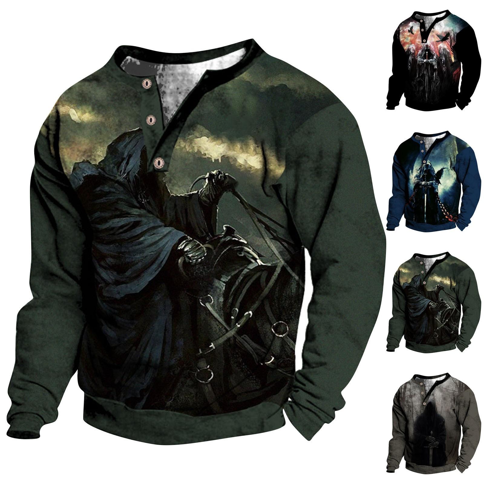 

Мужской свитер с v-образным вырезом и воротником-стойкой с 3D цифровой печатью и винтажным воротником на 3 пуговицах