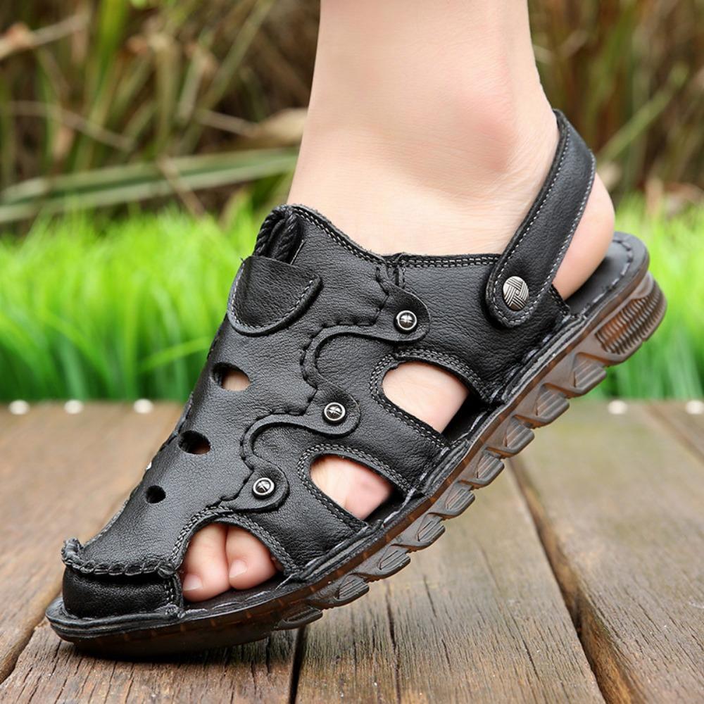 Men's Genuine Leather Sandals Summer Outdoor Breathable Open Toe Casual Beach Shoes Trendy Hollow Design