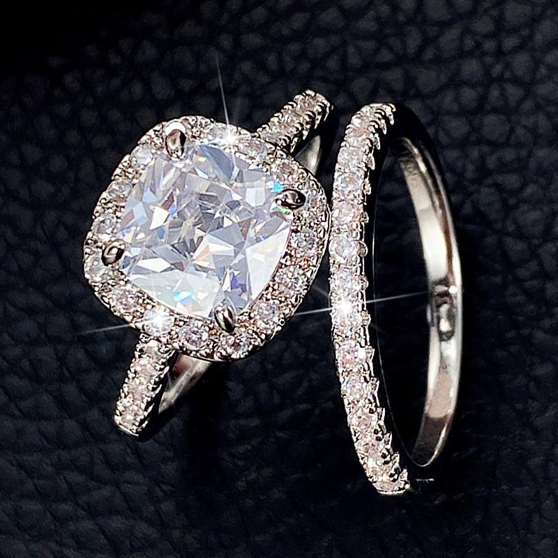 Huitan 2Pcs/Set Ring for Women Wedding Engagement Charming Finger Accessories Inlaid Shining CZ Elegant Party  Jewelry