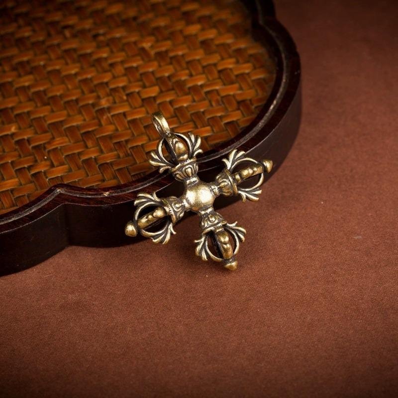 2Pcs Cross Brass Pendant Bodhi Beads Keychain Rope Hangings Buddhism Dharma Handmade Woven Lanyard.