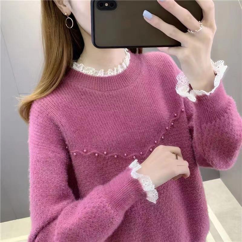 

Autumn and winter lace knitted mink velvet loose lazy soft waxy sweater short bottoming shirt women s inner top One size розы красного