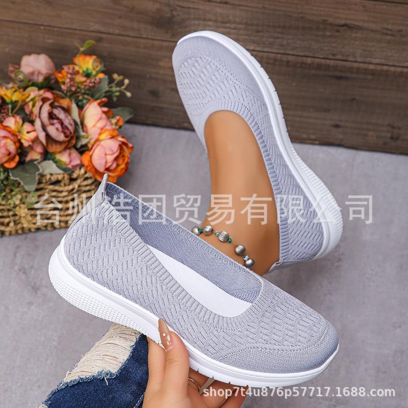 New flying woven large size low heel flat sole shoes women's flying woven mesh shallow mouth lazy casual work shoes