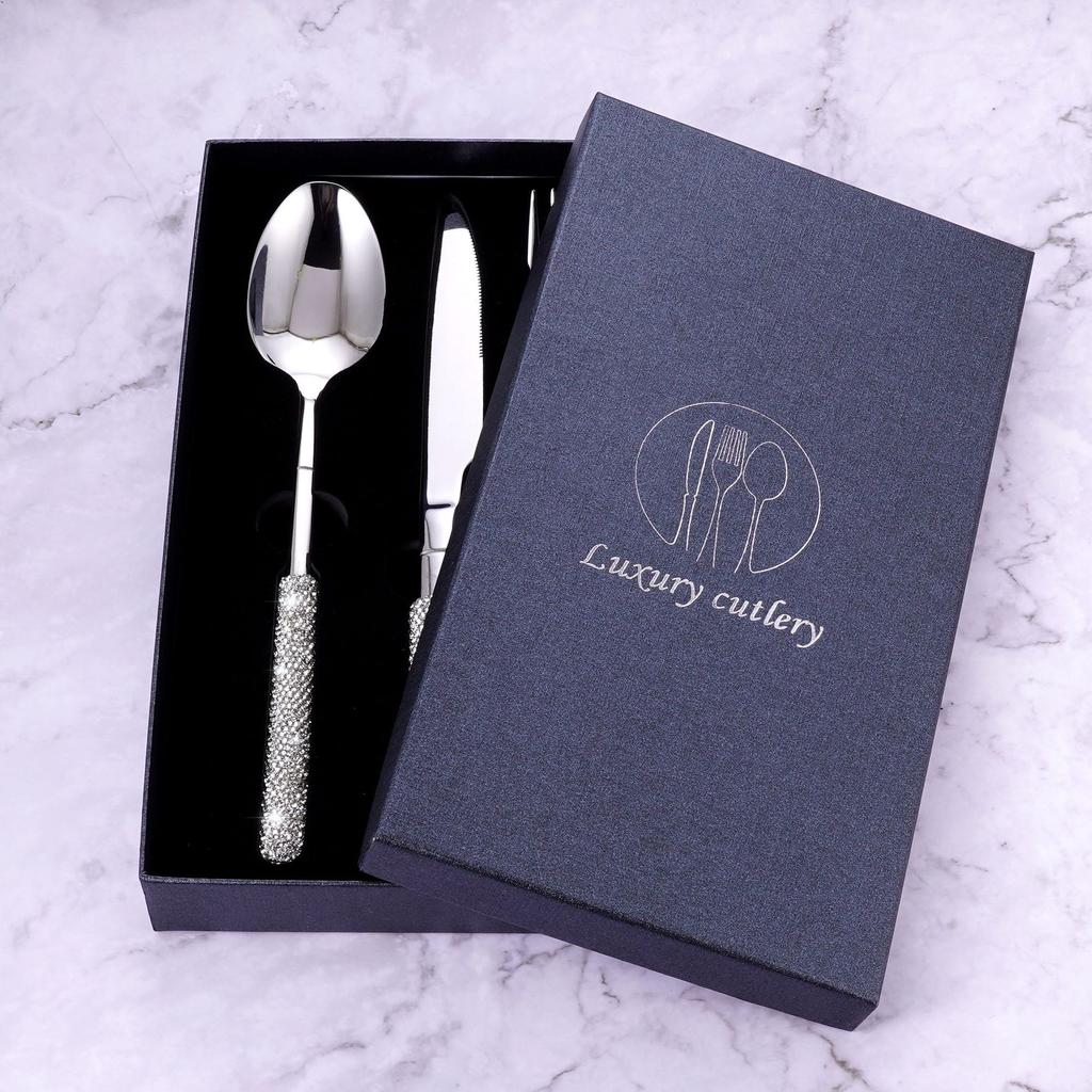 Luxury Cutlery With Rhinestone Handle Stainless Steel Knife Fork Spoon Tableware Flatware Set Festival Kitchen Dinnerware Gift