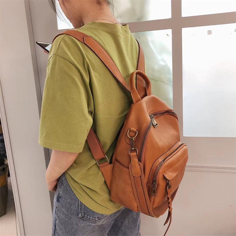 Genuine Leather Women's Backpack Solid Color Vintage Design Student Bag Fashion Backpacks
