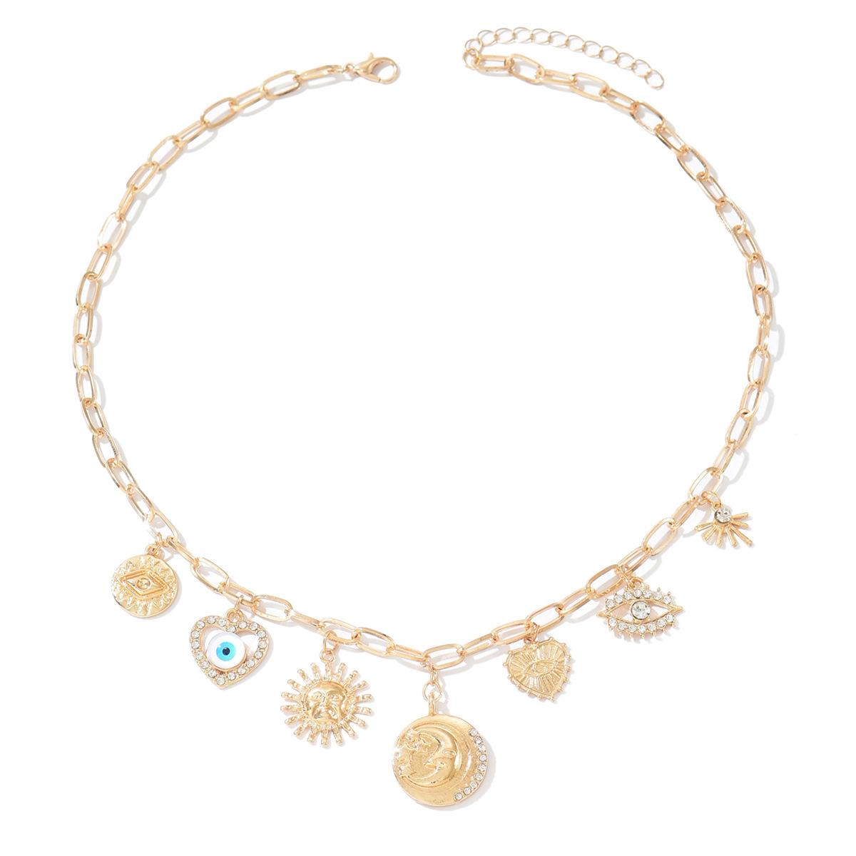 Devil s Eye Love Clavicle Chain European and American Jewelry Vintage Embossed Star Moon Sun Flower Necklace