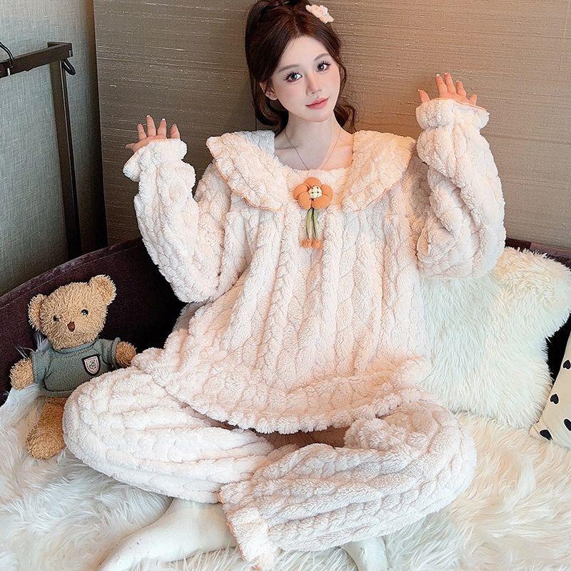 Pajamas Female Autumn and Winter Intensification Coral Fleece Extra Large Cute Flannel Warm Loungewear Set Sleepwear Women