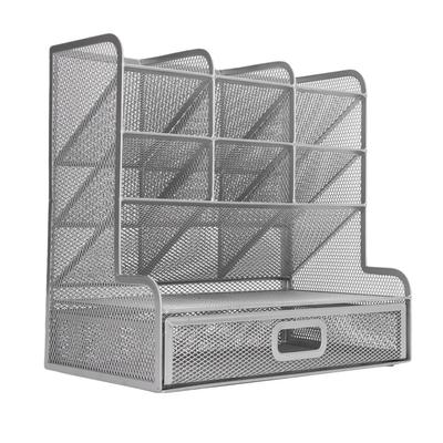 Mesh Pen Organizer 9 Compartments with 1 Pull Out Drawer Upright Storage Iron Multi Functional Pen