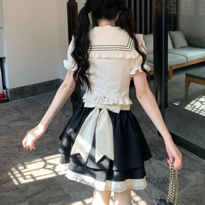 Japanese Kawaii 2 Piece Skirt Set Elegant Vintage College Style Striped Bow Top + Women Sweet Lace High Waisted Skirt Female