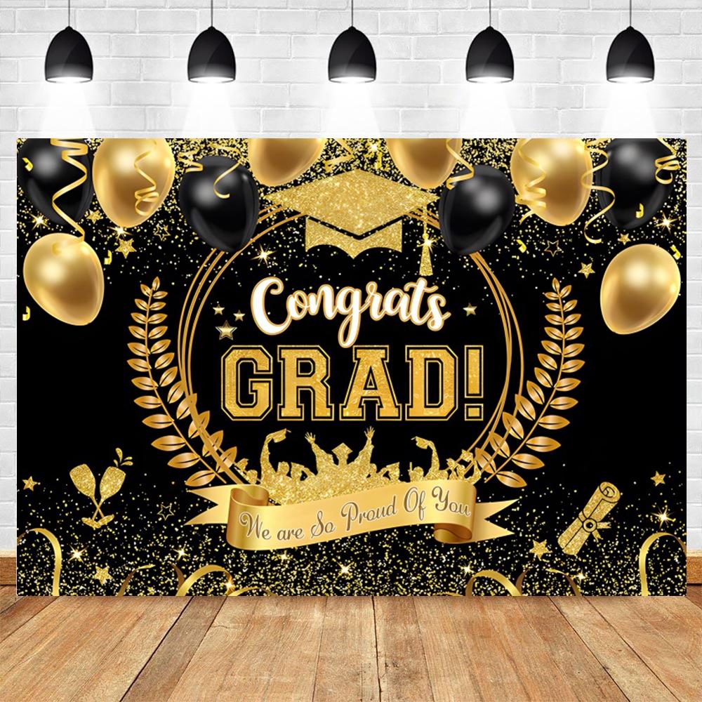 Golden Flash Black Balloon Banner Photography Background Cloth, Congratulations Graduation Ceremony Evening Photography Backdrop