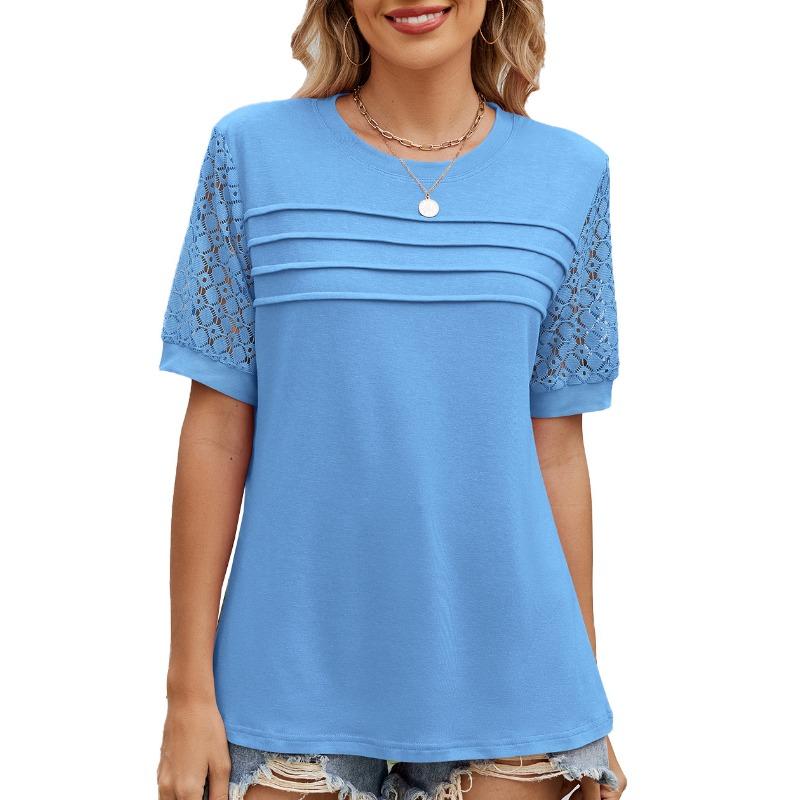 Dámské jarní letní jednobarevné tričko s kulatým výstřihem a strečovými krajkovými rukávy