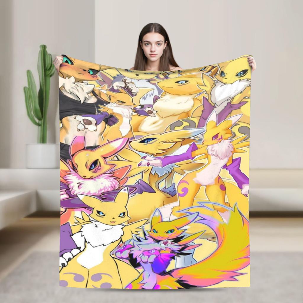 Anime Renamon Cozy Blankets For Sofa Home Novelty Bedding Throws Winter Travel Car Flannel Bedspread