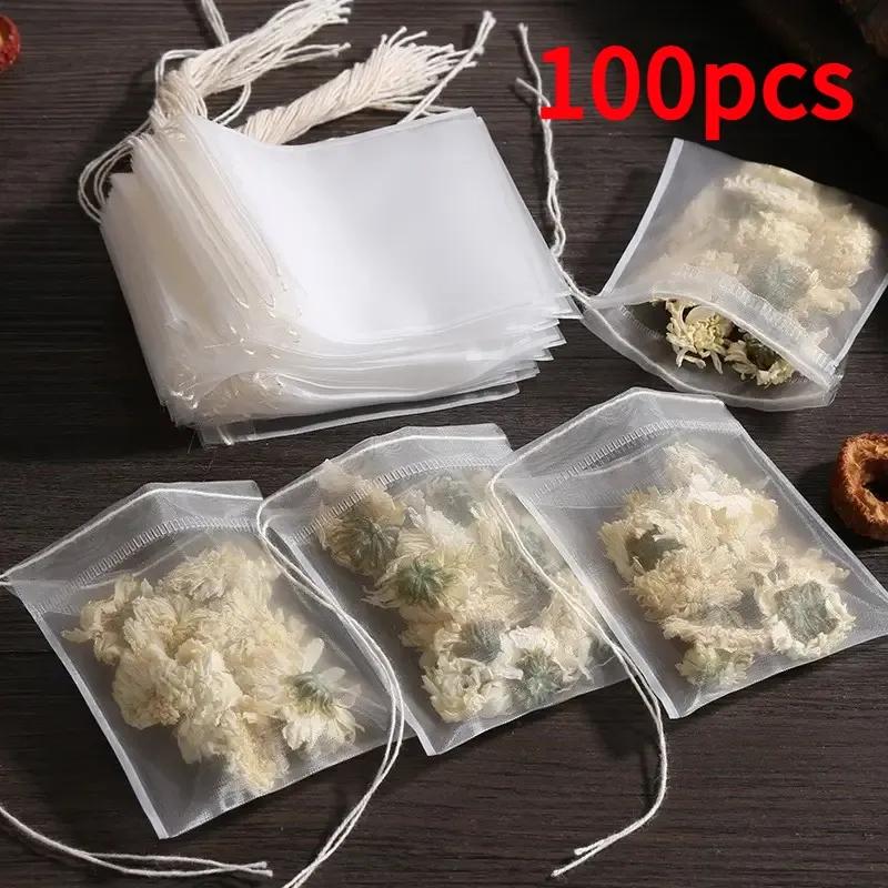 

100/200Pcs Transparent Nylon Teabags Empty Tea Bags Disposable Tea Bags Filter Bags for Tea Infuser with String Heal Seal Nylon Material