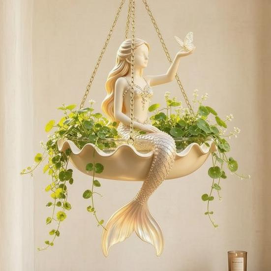 Housewarming Gift for Gardeners Fairy Ballet Dancer Mermaid Hanging Planter, Resin Decorative Flower Pot with Metal Chain, Balcony Outdoor Indoor