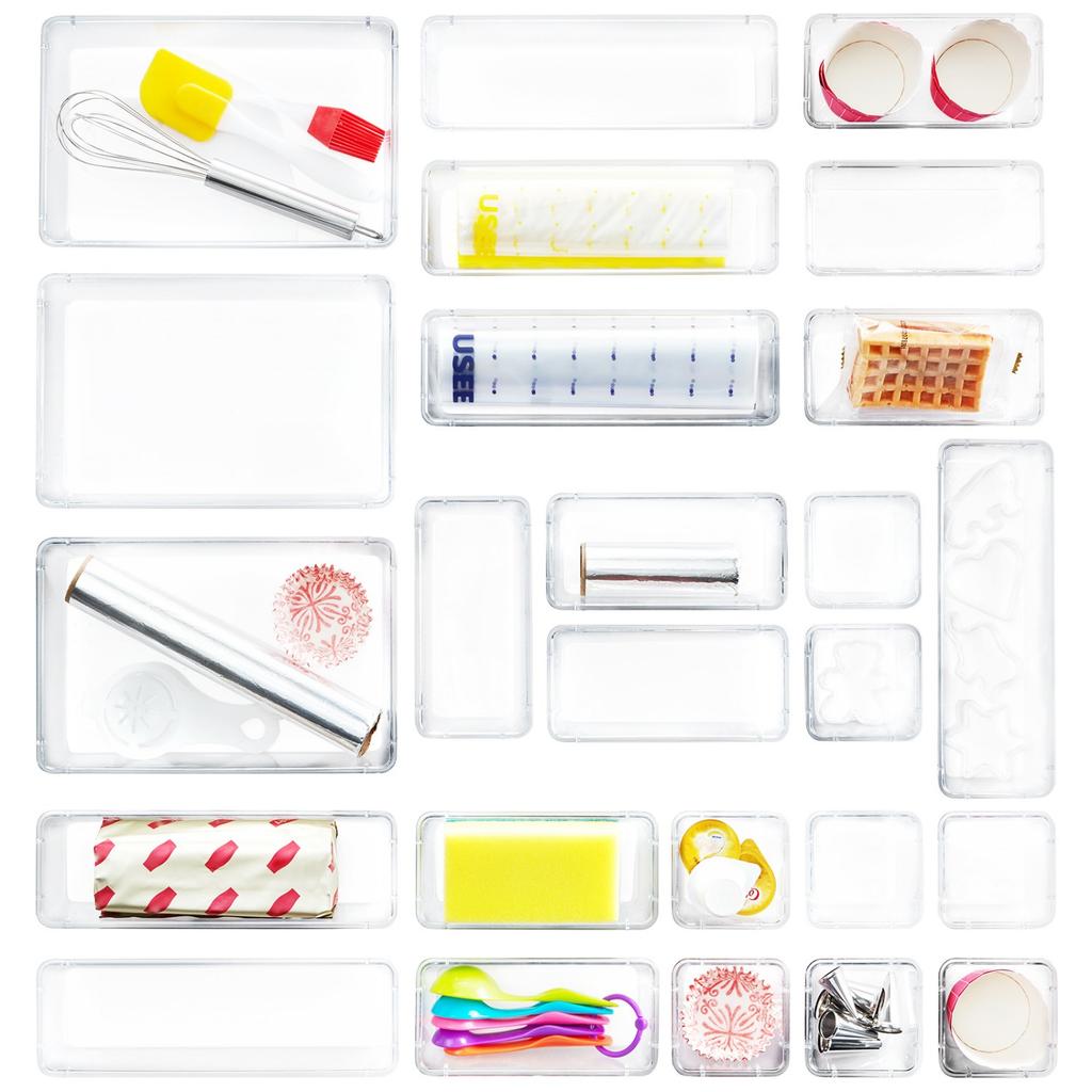 [Clear Plastic | Organizer] 25pcs Clear Plastic Drawer Organizer 4 Sizes Vanity Drawer Dividers Storage Separation Bins for Make Up Kitchen Utensils