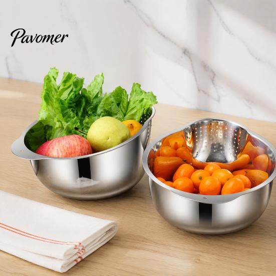 Rust Proof Food Strainer 304 Stainless Steel Colander with Side Drainage Holes, 3-in-1 Kitchen Bowl for Washing Rice Vegetables Fruits, Large Capacity