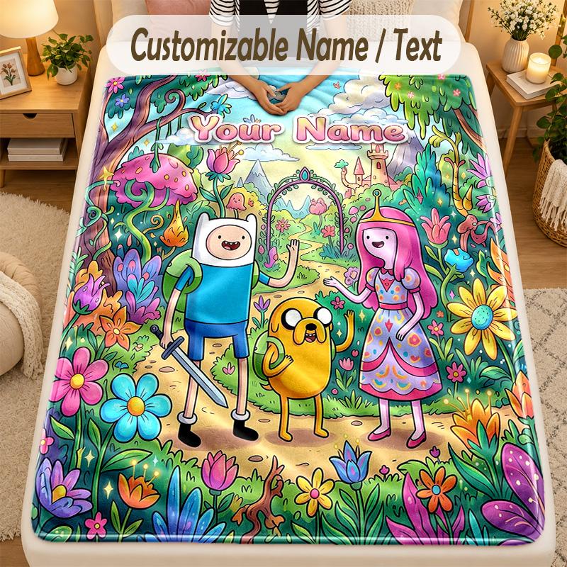 Flannel BlanketAdventure Time Cartoon Custom Name Text Personalized Soft Warm Throw Blanket Home Decor Gift
