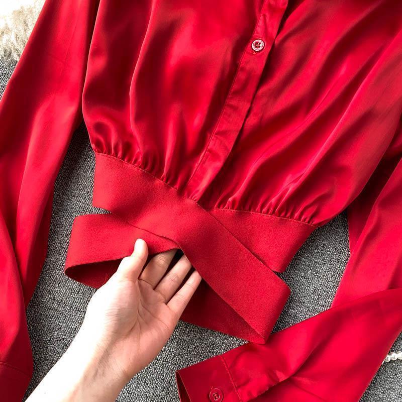 Spring French Design Sense Elegant Shirt Women Aesthetic Elastic Belt Waist Slim Short Blouse Female New Fashion Solid Retro Shirt Joker