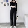 Female Pants Women Loose Casual Jeans Nine Points Wide Leg Ripped Raw Edge Trousers Plus Size