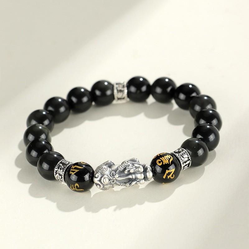 Handmade Chinese Style Pixiu Bracelet With Black Agate Tigers Eye Beads Unisex Fashion Jewelry