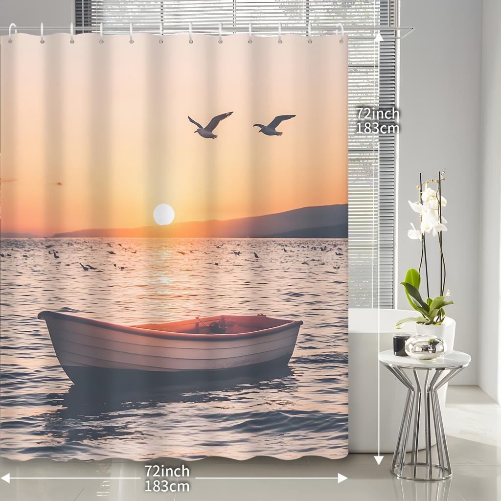 1pc Natural Sea Scenery Sunset Wooden Boat Seagull Bathroom Shower Curtain with 12 Hooks, Bathroom Decor Shower Curtain,
