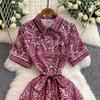 Summer Vintage Designer Print Runway Dress Women Fashion Turn-down Collar Single Breasted Party Shirt Lace-up Dresses
