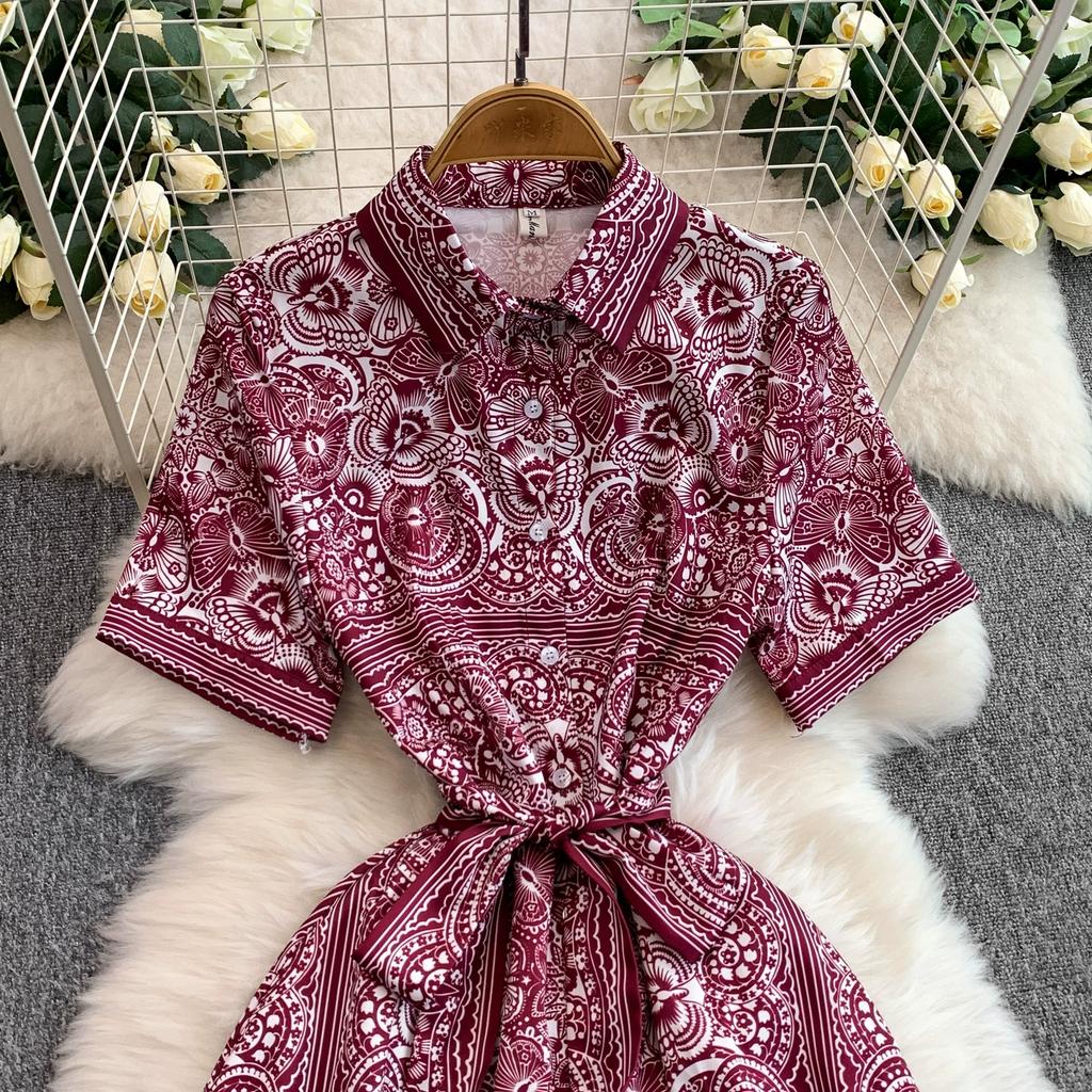 Summer Vintage Designer Print Runway Dress Women Fashion Turn-down Collar Single Breasted Party Shirt Lace-up Dresses