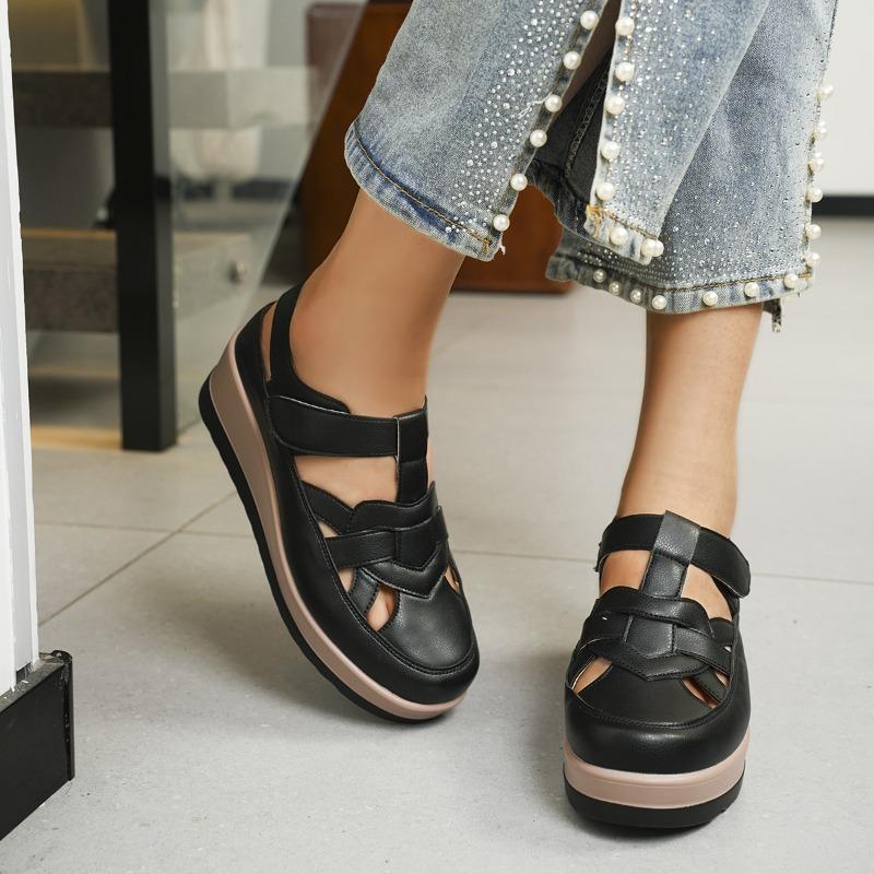 Women's Summer Hollow Wedge Thick-Soled Closed-Toe Roman Sandals, Retro Style, Available In Large Sizes.