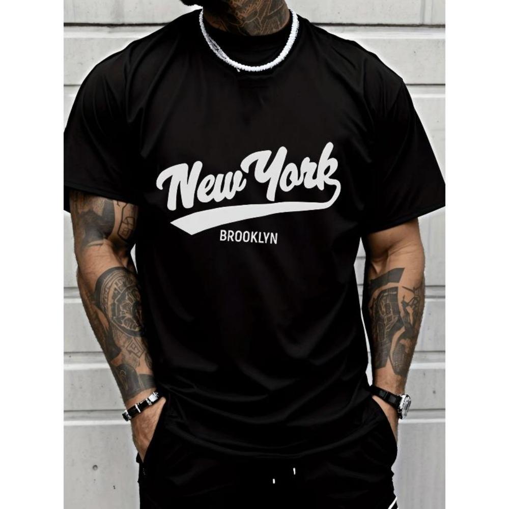 

European Sizes Men s New York Brooklyn Print T-Shirt - Short Sleeve Casual Streetwear Tee with NYC Lettering S чёрный