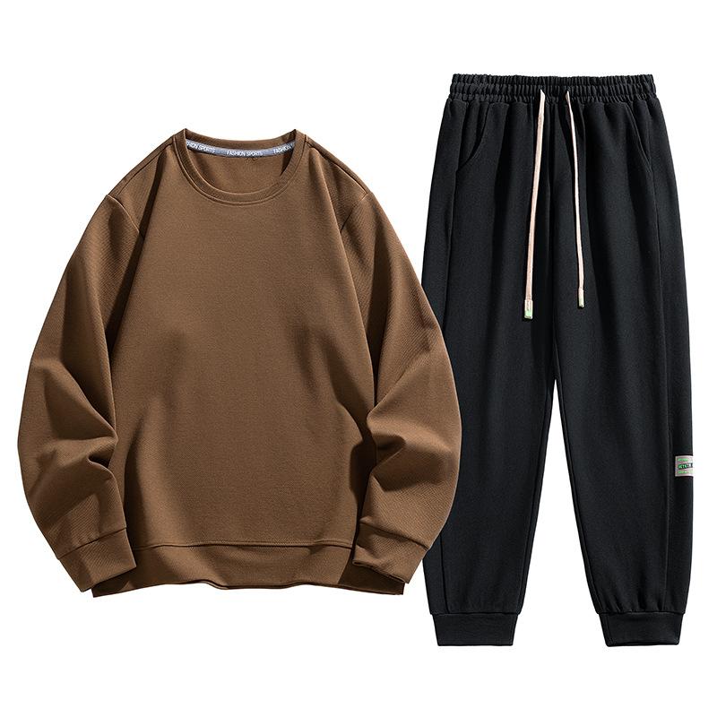 

Комплект из двух предметов из хлопка для мужчин на весну и осень, повседневный спортивный костюм с круглым вырезом, свитер, брюки, комплект из 2 предметов, большой размер XL хаки