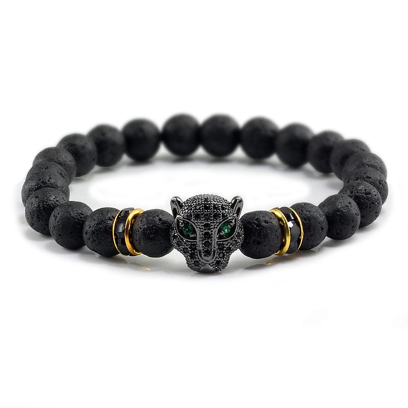Volcanic Stone Beads Bracelet with Leopard Head and Diamond Circle - Trendy Elastic Hand Ornament