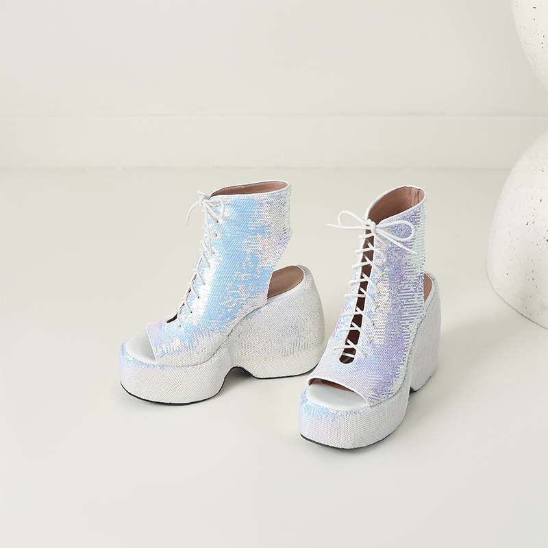 Krazing Pot Sequin Cloth Spring Summer Size 43 Size 42 Women Platform Women Peep Toe Toe Sexy Summer Boots Lace Up Pumps