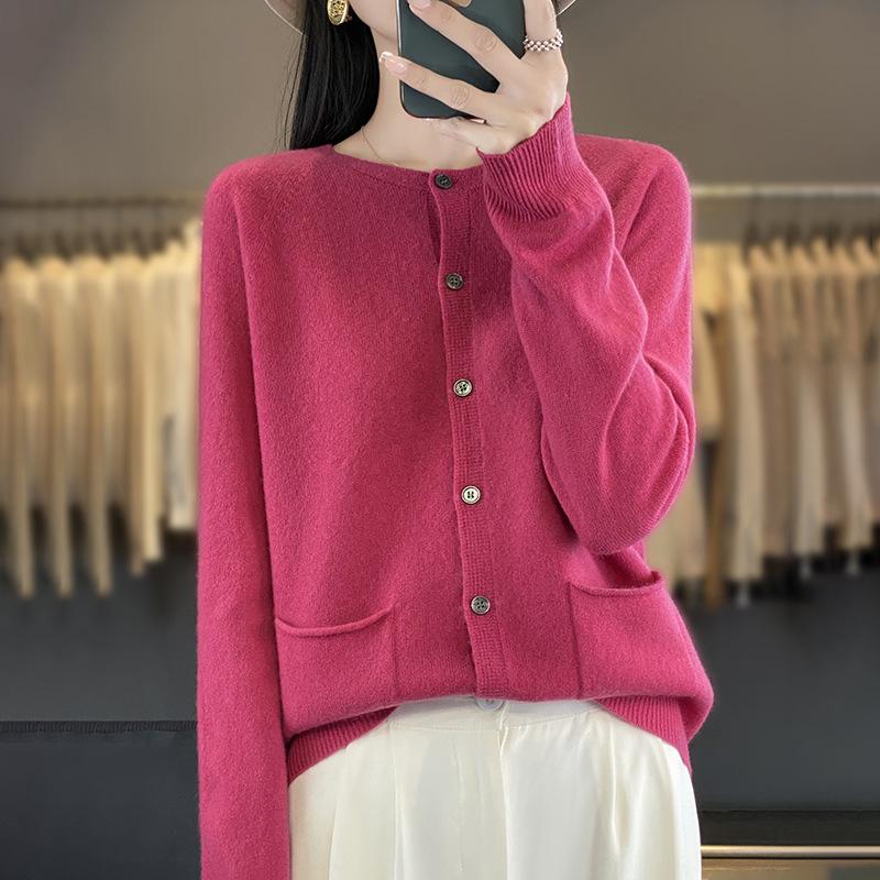 Women's Cashmere Crew Neck Cardigan Qinghe Winter Knitted Pullover Autumn Sweater Cashmere Sweater
