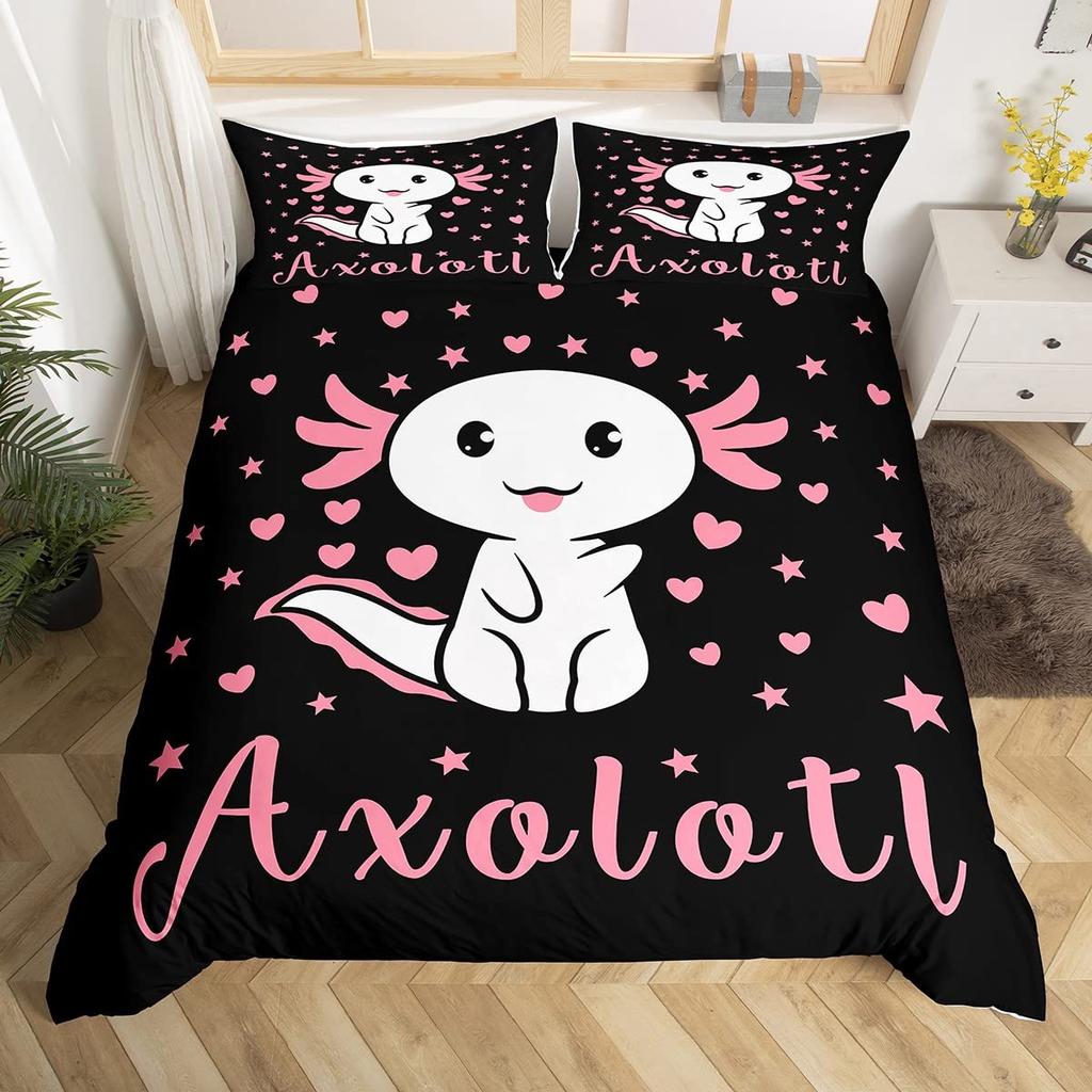 Cartoon Axolotl Duvet Cover Set King/Queen Size Kids Girls Boys Cute Rainbow Sea Wildlife Animal Reptile Bedding Set