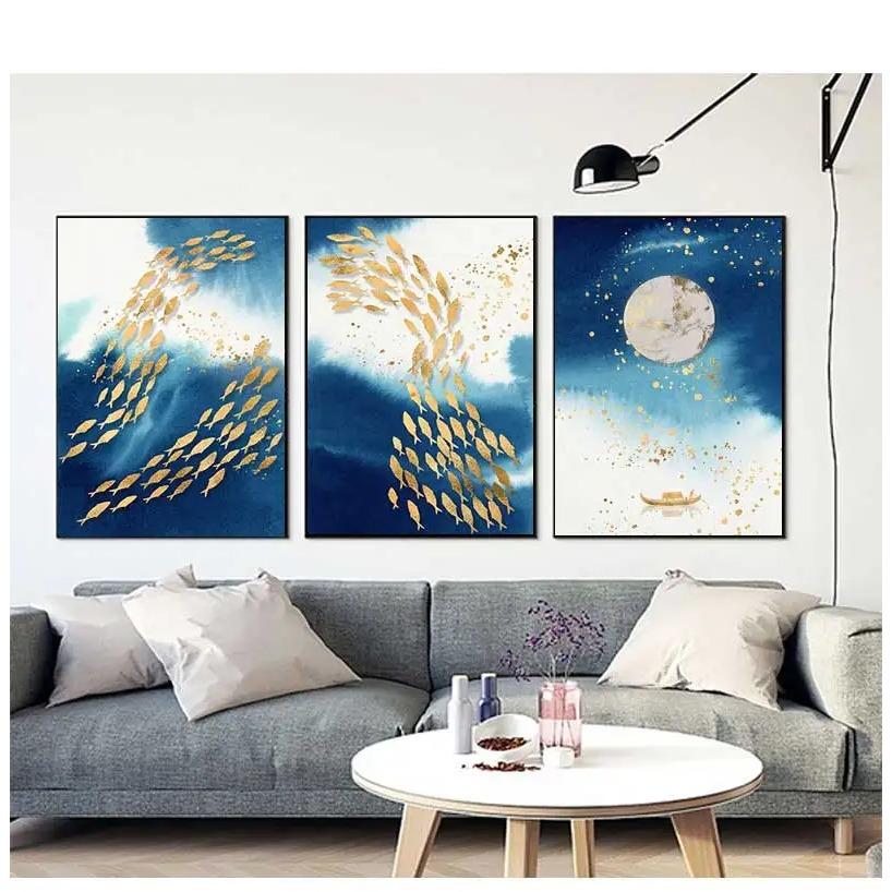 Painting Big Blue Poster Print Luxurious Wall Art For Living Room Aisle Gold Tableaux Picture Abstract Gold Fish Chinese Canvas