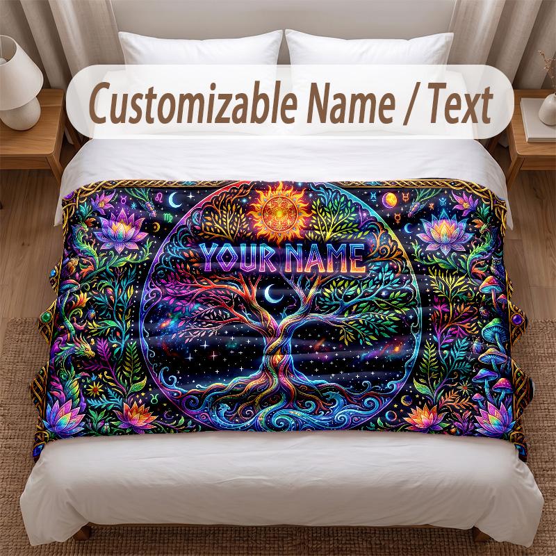 Tree of Life Theme Soft Blanket Personalized Custom Name Text Print Warm Blanket Home Sofa Bedroom Decor