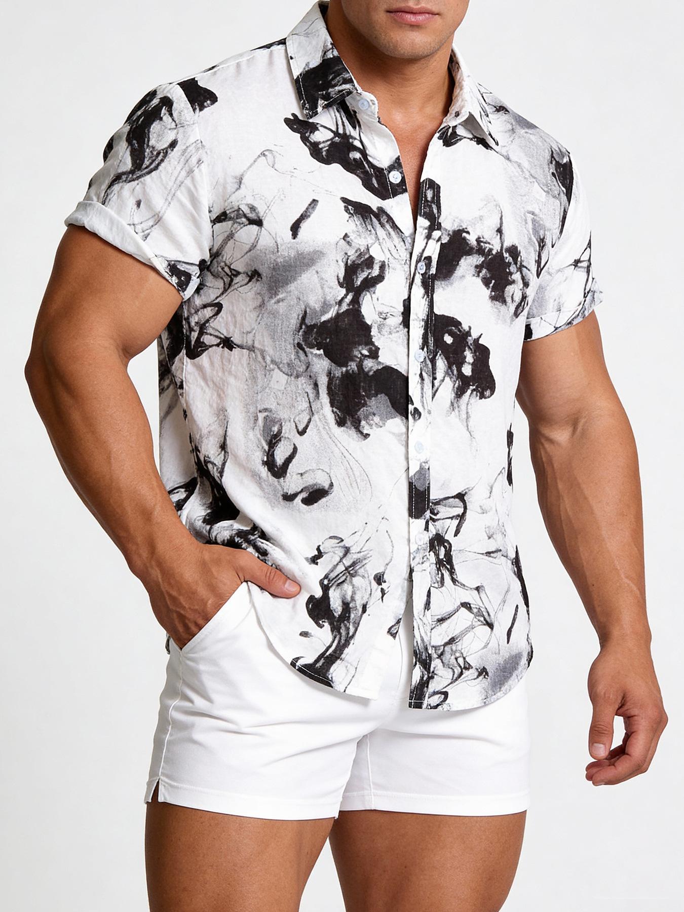 Men S Short Sleeve Printed Casual Shirt With Turn Down Collar M чёрный