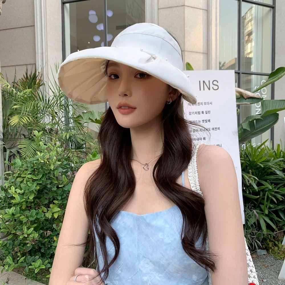 Windproof Women Pearl Bucket Hat Anti-UV Beach Cap Big Brim Sun Hat Summer Spring Autumn