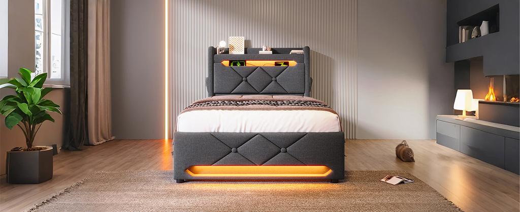 Upholstered Single Bed 90*200, Storage Headboard with USB, Type-C Port, 360 LED Around Head and Foot, Hydraulic Storage, Gray Linen (without Mattress)