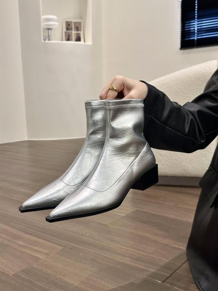 Thick Heel Pointed Head Thin Foreign Style Small Short Boots Women's Shoes 2025 New Silver French Temperament Spring and Autumn Single Boots