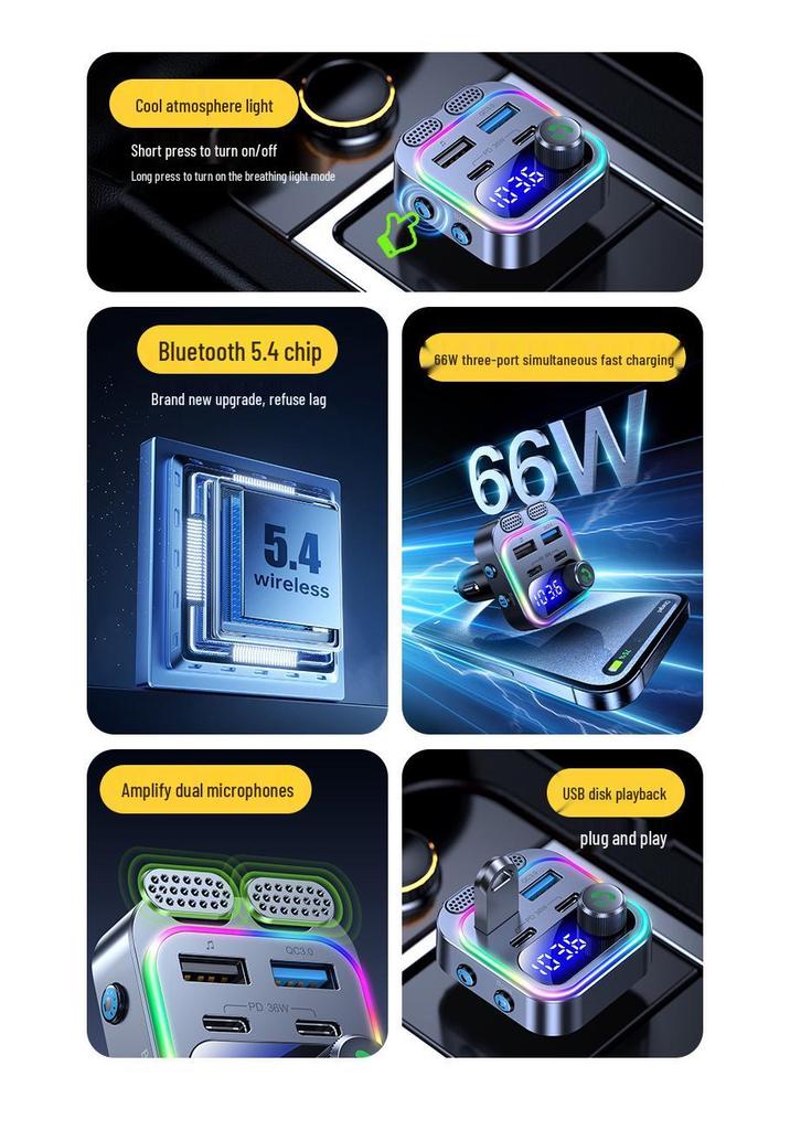 T37 Car MP3 Player with Dual Type-C PD36W Fast Charge & Bluetooth FM Transmitter