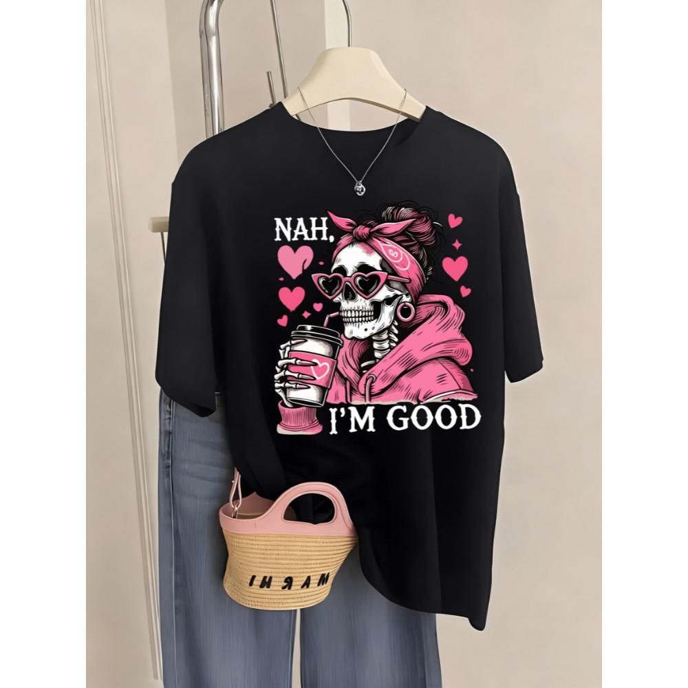 I'M Good Coffe Heart Skulls Print T-Shirt Women Summer Breathable T Shirts Jogging Short Sleeves Trendy Streetwear