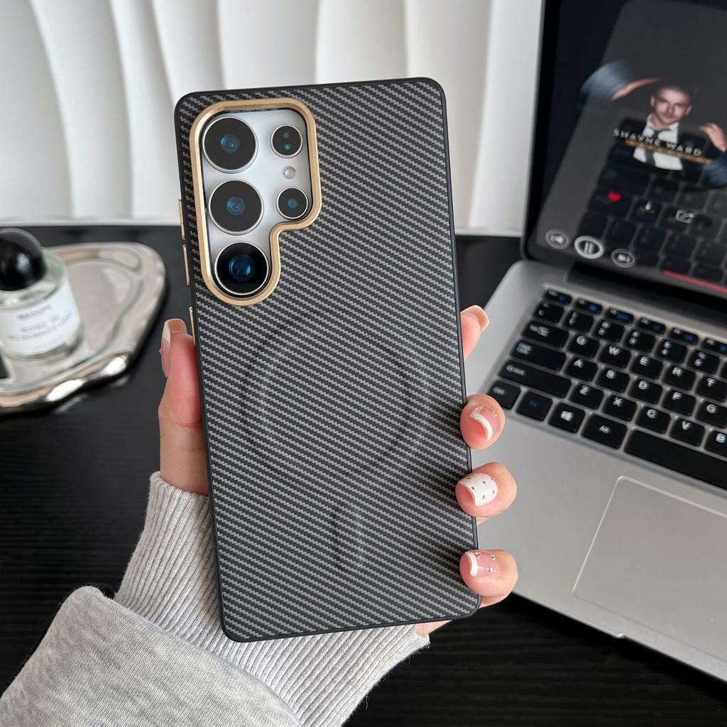 Samsung S25ultra Mobile Phone Case S24plus Kevla Carbon Fiber Pattern Magnetic Suction Belt Metal Lens Ring