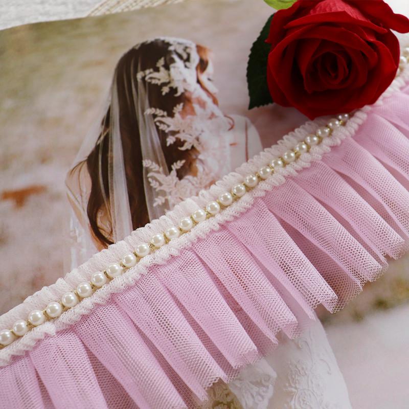 7cm Widened Pink Bead Ribbon Border Pleated Lace DIY Children's Clothing Collar Cuff Skirt Trim Sewing Decoration Accessories