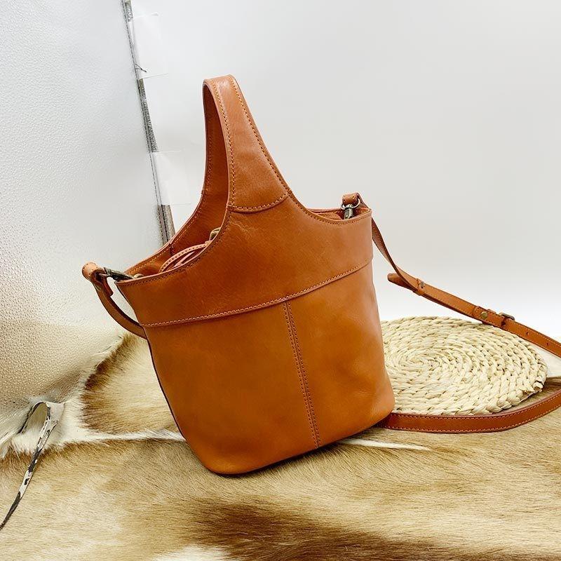 Johnature Genuine Leather Retro Bucket Bag Commuter Large Capacity Soft Cowhide Solid Color Women's Shoulder Bag
